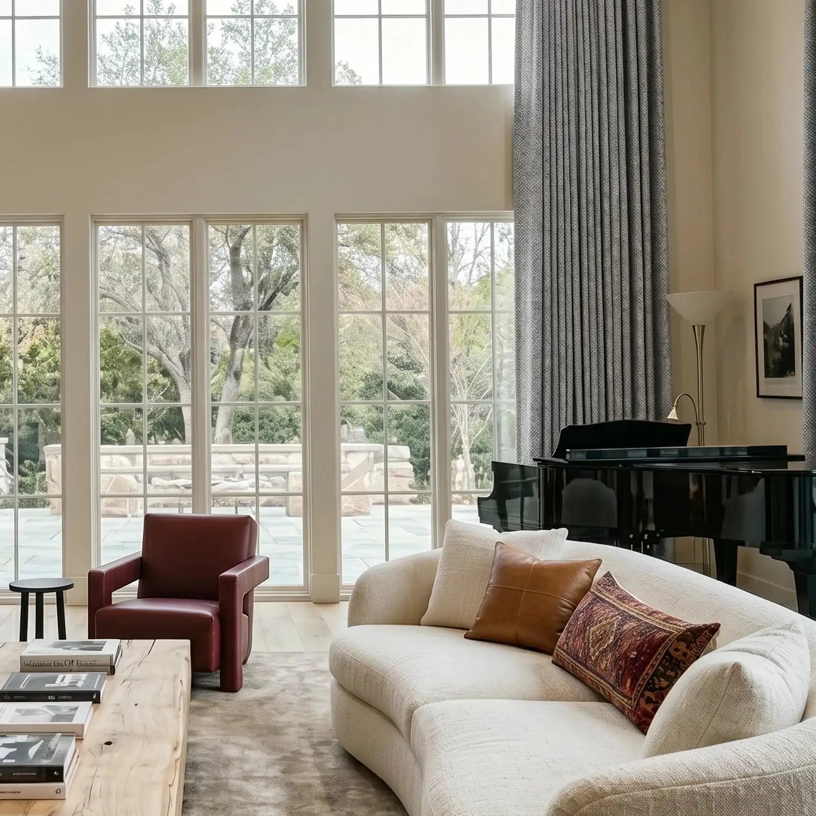 A closer interior shot focusing on the plush, curved cream sofa adorned with a smooth brown leather pillow and a patterned lumbar cushion. In the background, a stately black grand piano stands beside tall, meticulously pleated gray curtains hanging from a minimalist black rod.