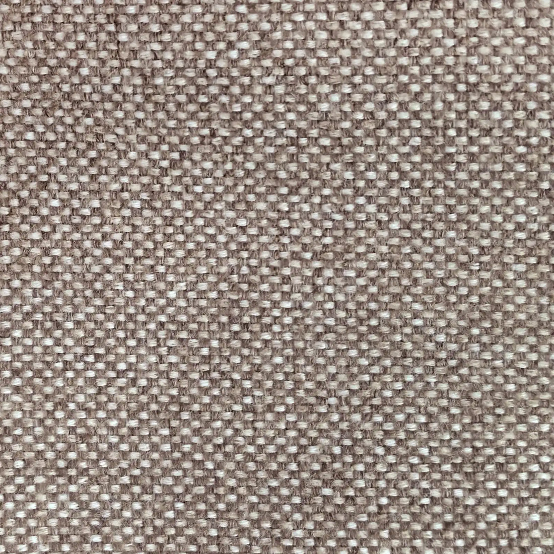 A flat, full-frame macro shot showcasing the tight, uniform basketweave texture of the fabric, featuring a detailed blend of grayish-brown and off-white threads.