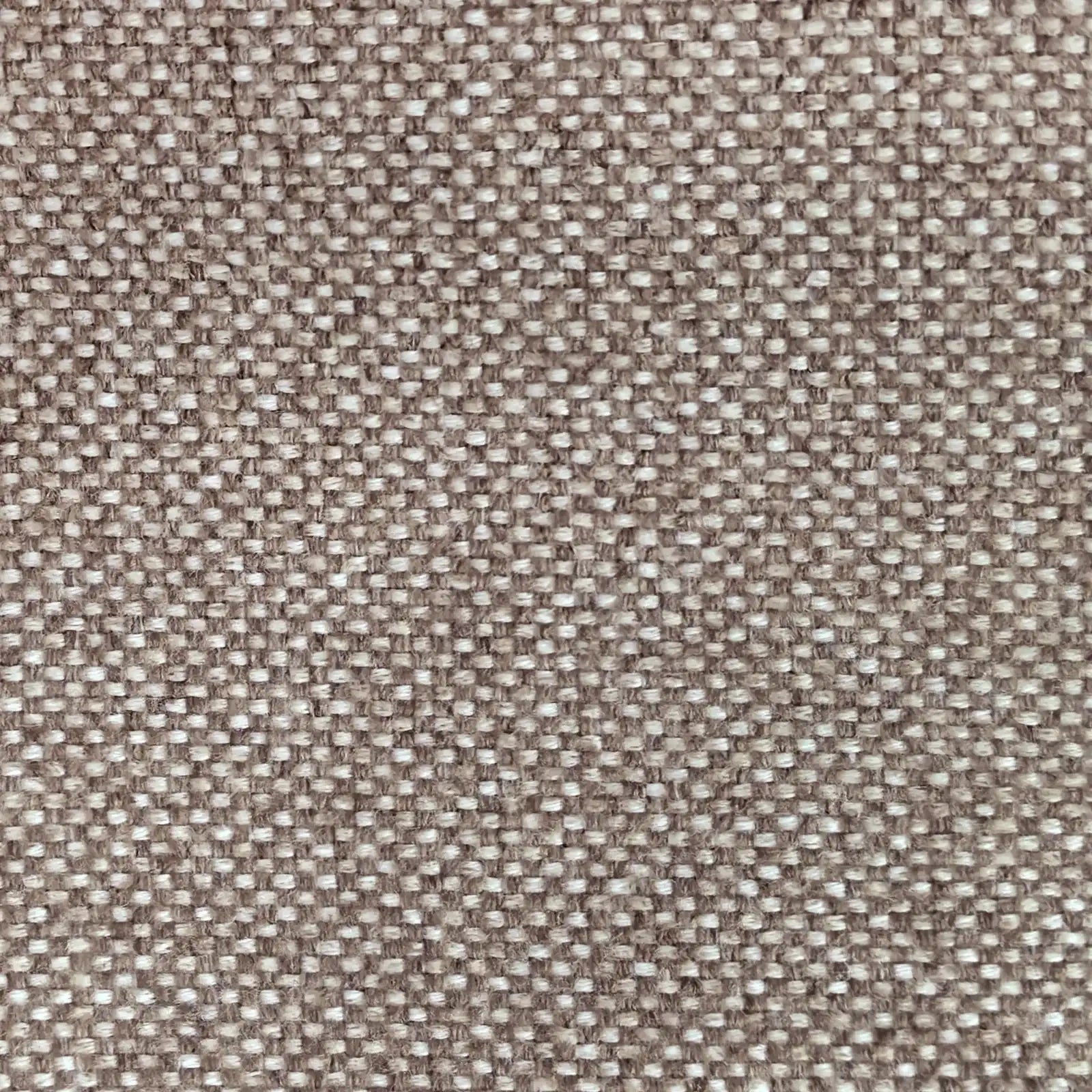 A flat, full-frame macro shot showcasing the tight, uniform basketweave texture of the fabric, featuring a detailed blend of grayish-brown and off-white threads.