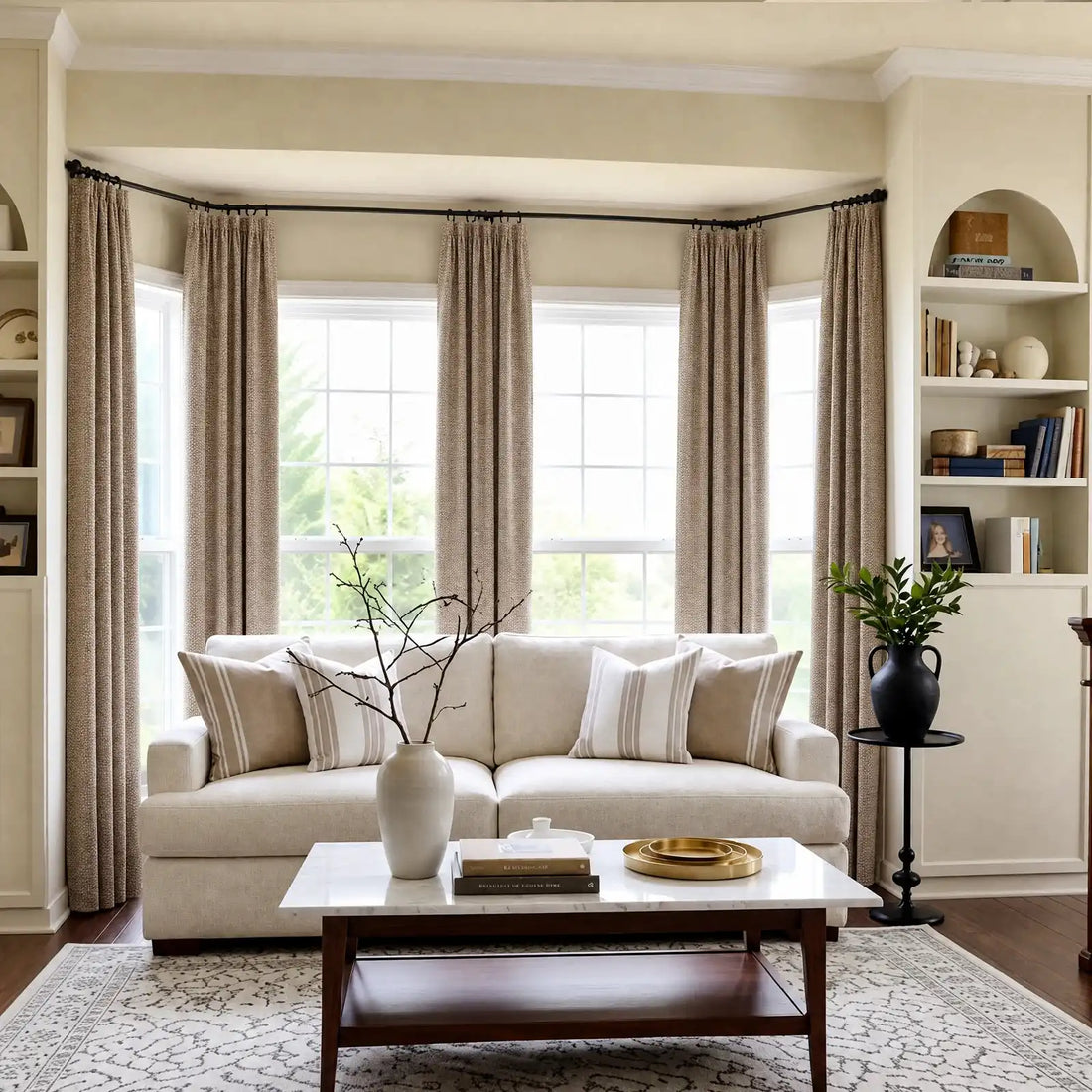 A balanced, wide-angle shot of the bright living room. Five panels of grayish-brown curtains are beautifully arranged along a large, multi-pane bay window behind a centered cream sofa and a walnut-framed marble coffee table.