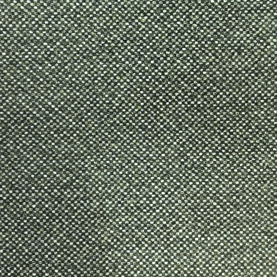 A flat, uniform macro shot focusing entirely on the fine texture of the fabric. The image displays a consistent, tight basketweave grid pattern composed of interwoven heathered green and white yarns.