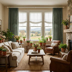A vibrant, sunlit living room filled with numerous potted plants and floral arrangements. A long cream-colored sofa sits on a natural jute rug facing a rustic wooden coffee table, balanced by two rich brown leather armchairs near a stone fireplace. In the background, three large windows are framed by deep forest green pleated curtains and white roman shades, looking out onto rolling green hills.