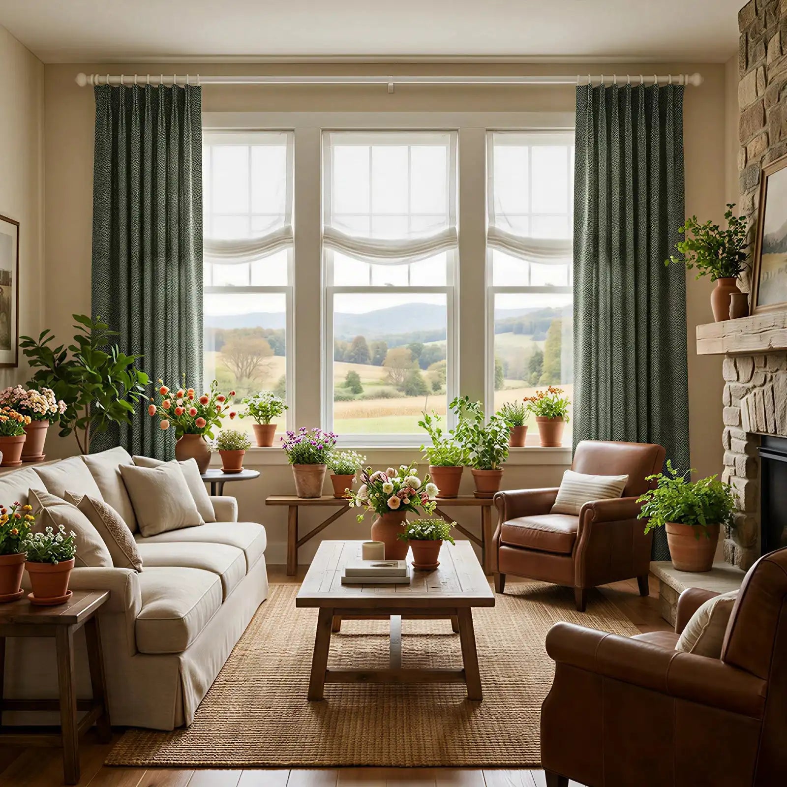 A vibrant, sunlit living room filled with numerous potted plants and floral arrangements. A long cream-colored sofa sits on a natural jute rug facing a rustic wooden coffee table, balanced by two rich brown leather armchairs near a stone fireplace. In the background, three large windows are framed by deep forest green pleated curtains and white roman shades, looking out onto rolling green hills.