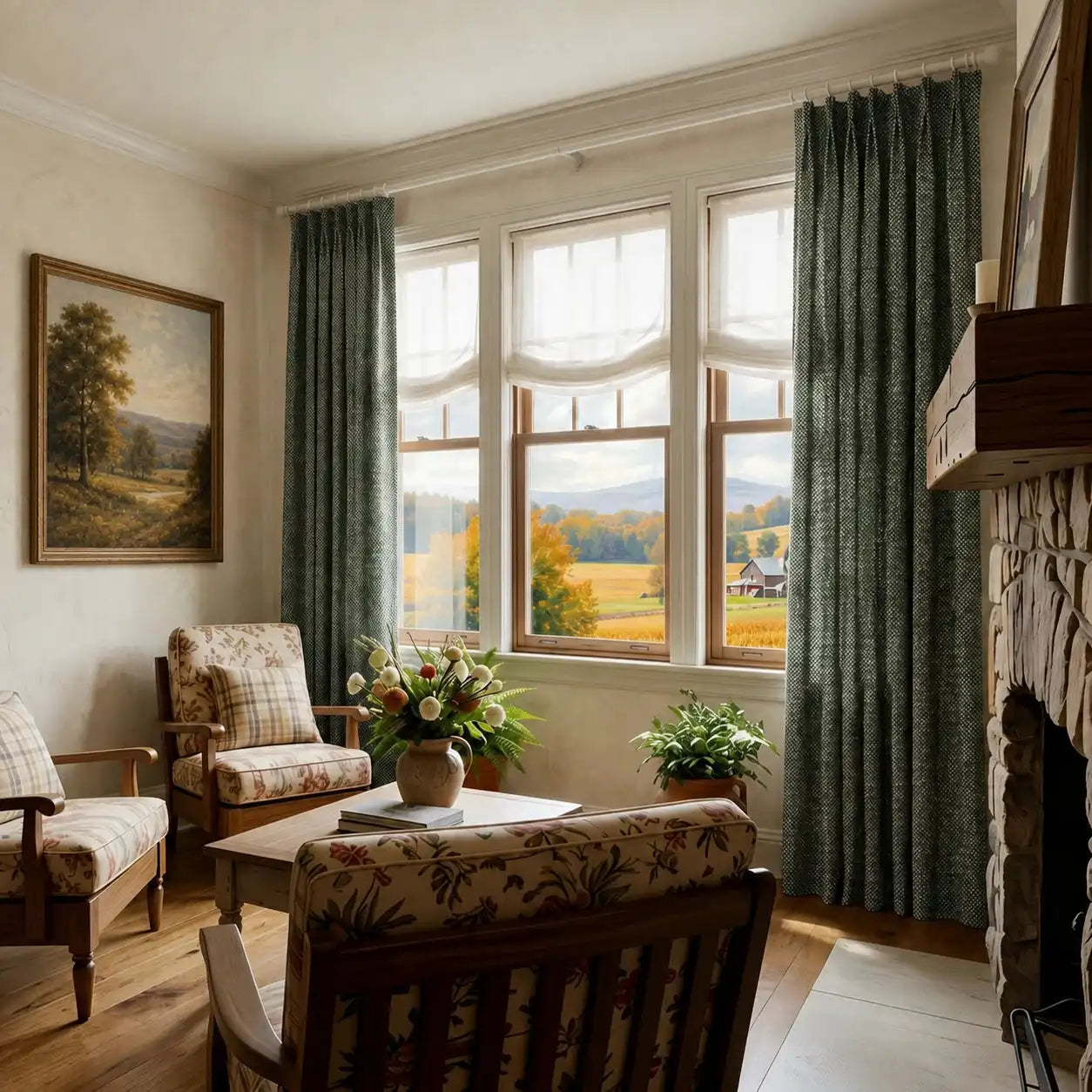 A warm, traditional sitting room featuring three classic wooden-frame armchairs upholstered in a vintage floral and plaid pattern. A central wooden coffee table holds a vase of flowers, positioned before a large multi-pane window with deep green pleated curtains that look out at a scenic autumn landscape with a red barn. A stone fireplace anchors the right wall, and a framed landscape painting hangs on the left.