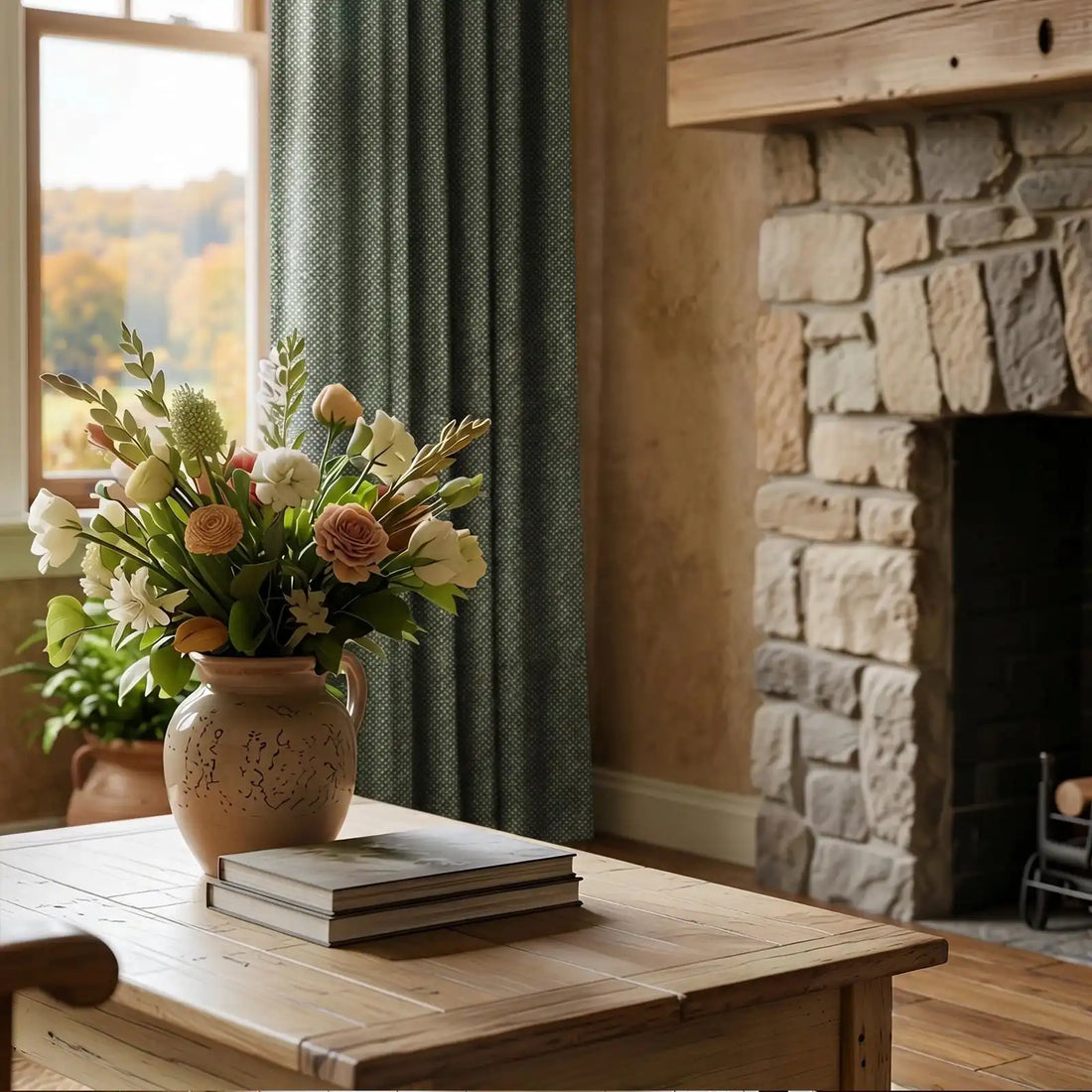 A close-up interior perspective highlighting a light wood coffee table topped with a stack of books and a ceramic vase filled with a colorful bouquet of roses and wildflowers. In the soft-focus background, a rustic stone fireplace stands to the right, and a window is decorated with textured, deep green curtains.