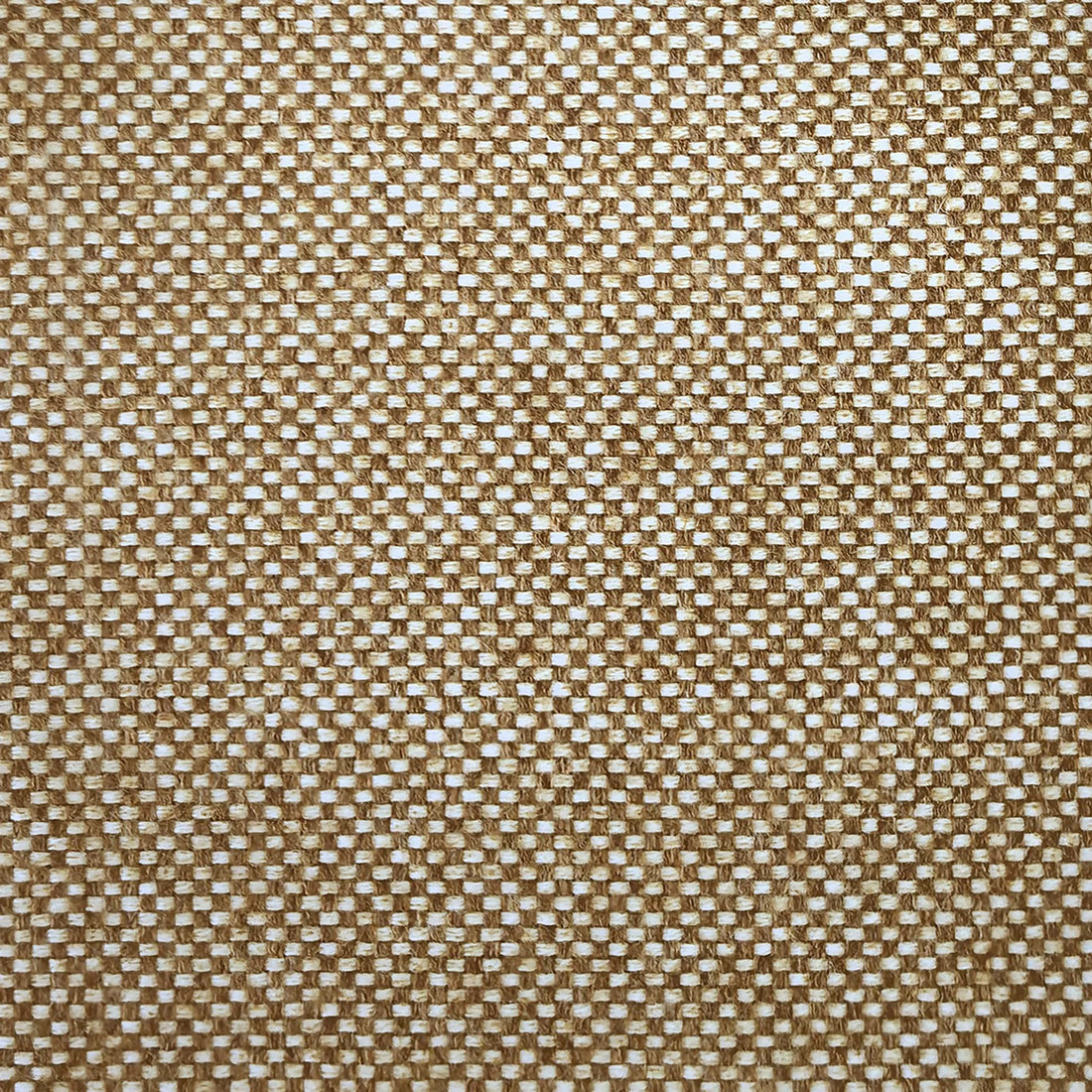 A flat, full-frame macro shot highlighting the uniform and tight basketweave pattern of the curtain fabric, composed of a precise grid of light brown and cream yarns.