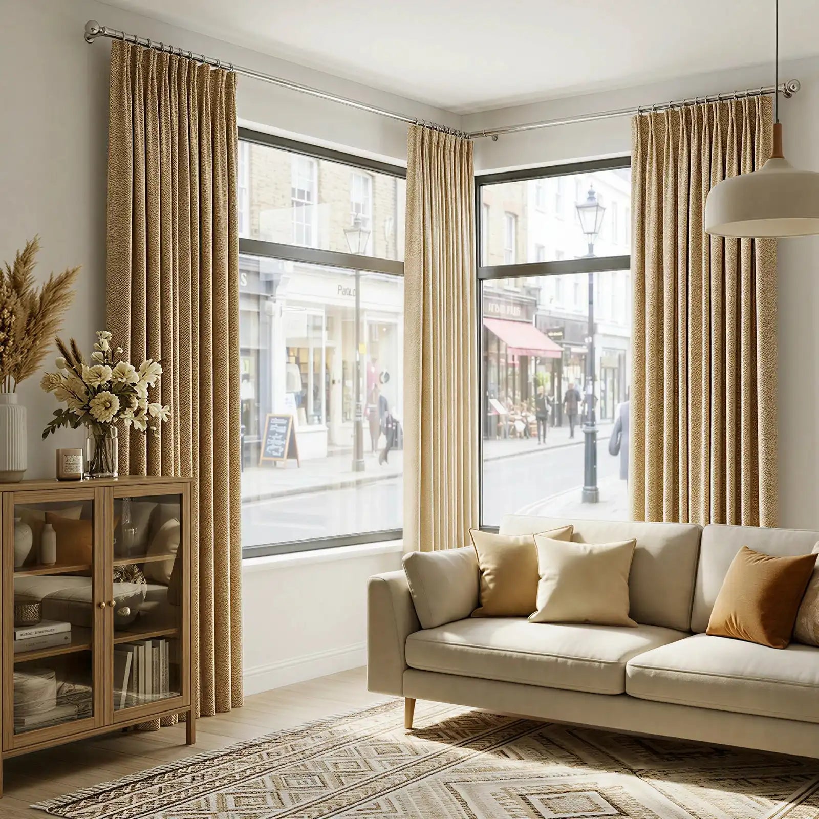 A bright, wide-angle shot of a contemporary living room with large corner windows dressed in long, light brown curtain panels. A cream-colored sofa with neutral accent pillows sits on a geometric patterned rug, flanked by a wooden glass-door cabinet on the left.