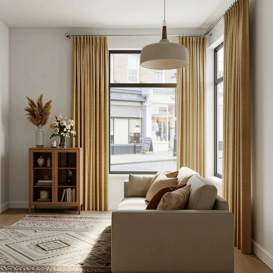 An angled shot of the living room from behind the cream sofa, highlighting a modern pendant light hanging from the ceiling and a wooden cabinet adorned with dried pampas grass and flowers in the background next to the light brown curtains.