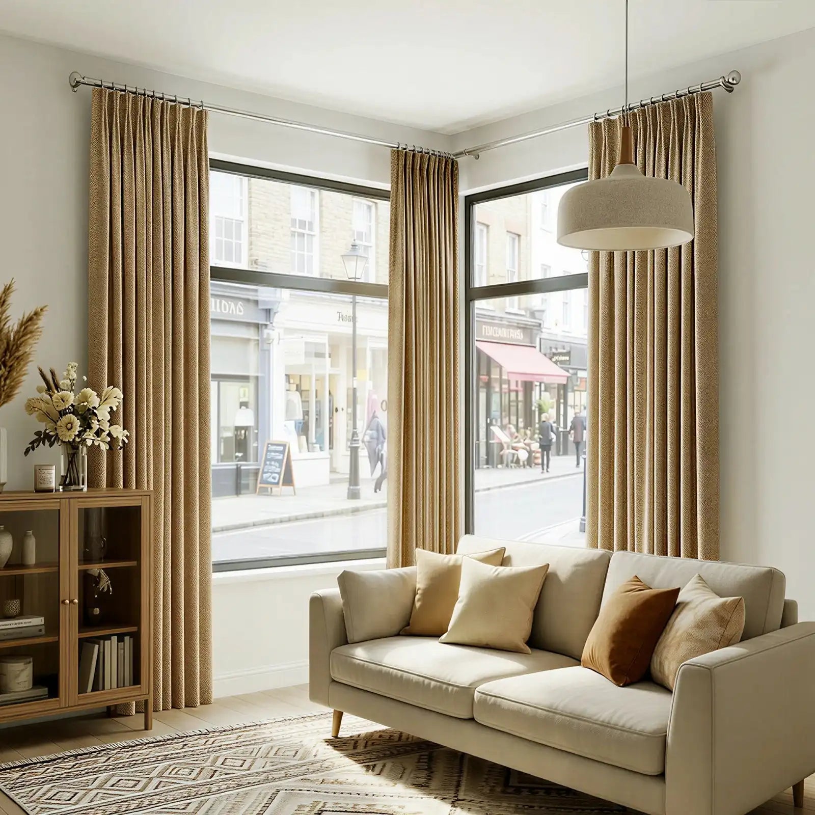 A full, front-facing view of the elegant living room, showcasing the light brown curtains framing large windows that look out onto a city street. The cream sofa is styled with various warm-toned pillows, matching the geometric area rug below.