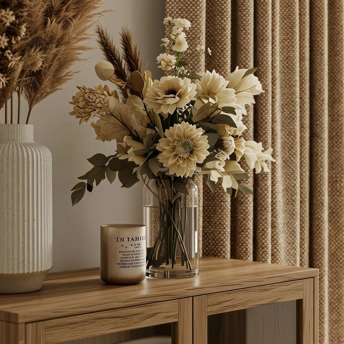 A close-up interior vignette focusing on the top of a wooden cabinet. It features a fluted white vase with dried grass, a glass vase filled with cream-colored flowers, and a scented candle, with the textured light brown curtain softly blurred in the background.