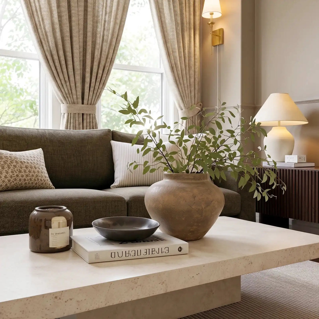 A close-up interior vignette focusing on a low limestone coffee table styled with an art book, a ceramic bowl, a candle, and a large rustic clay pot holding green leafy branches. In the soft-focused background, the light yellow curtain panels are neatly gathered and tied back beside the olive-green couch.
