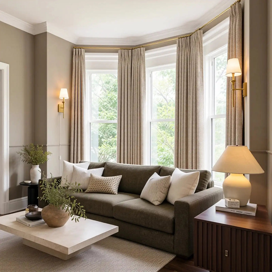 An angled full view of the elegant living room, capturing the olive-green sofa and limestone coffee table from a perspective that highlights a dark wood fluted side table with a large ceramic lamp in the right foreground. Light yellow-tan curtains frame the large bay window in the background.
