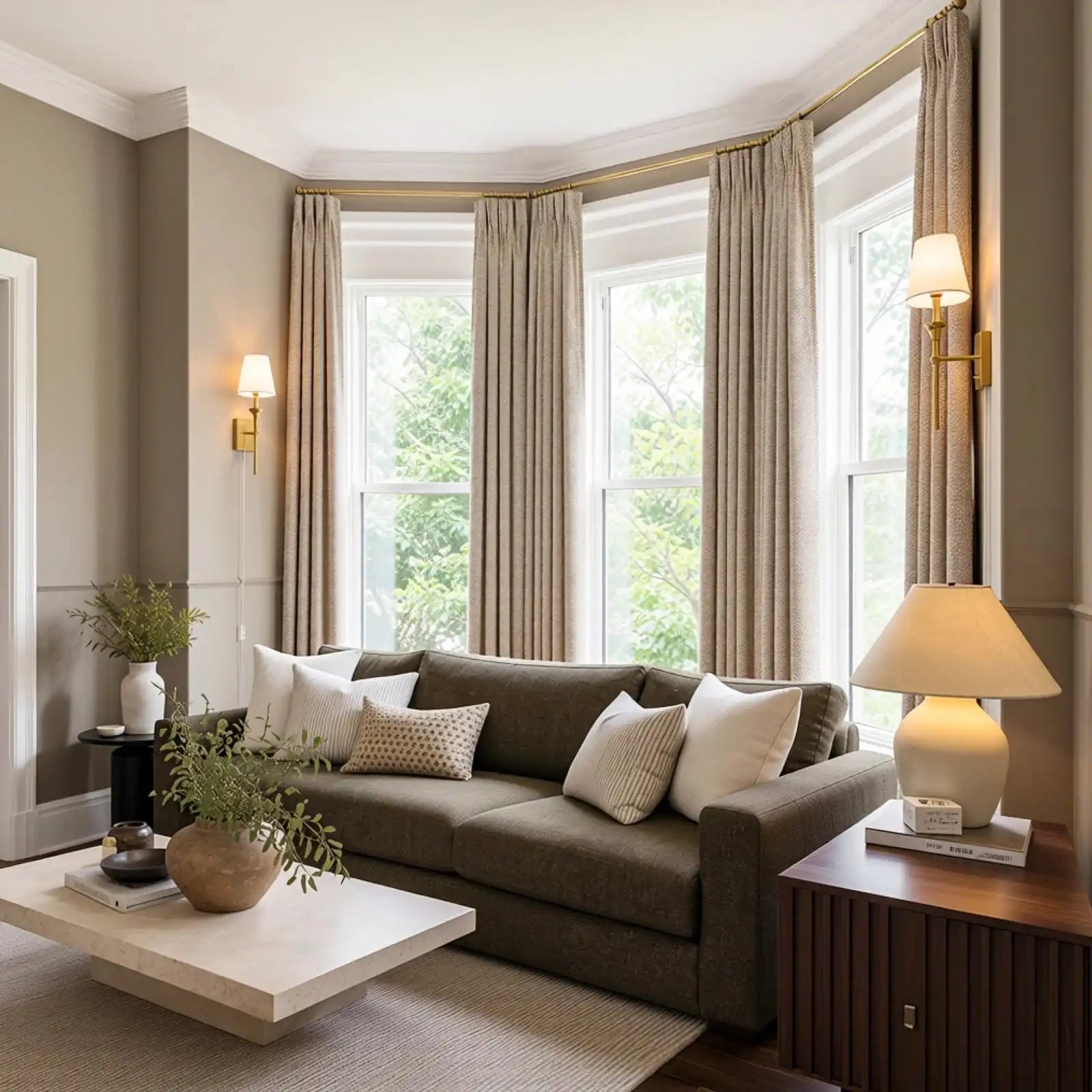 An angled full view of the elegant living room, capturing the olive-green sofa and limestone coffee table from a perspective that highlights a dark wood fluted side table with a large ceramic lamp in the right foreground. Light yellow-tan curtains frame the large bay window in the background.