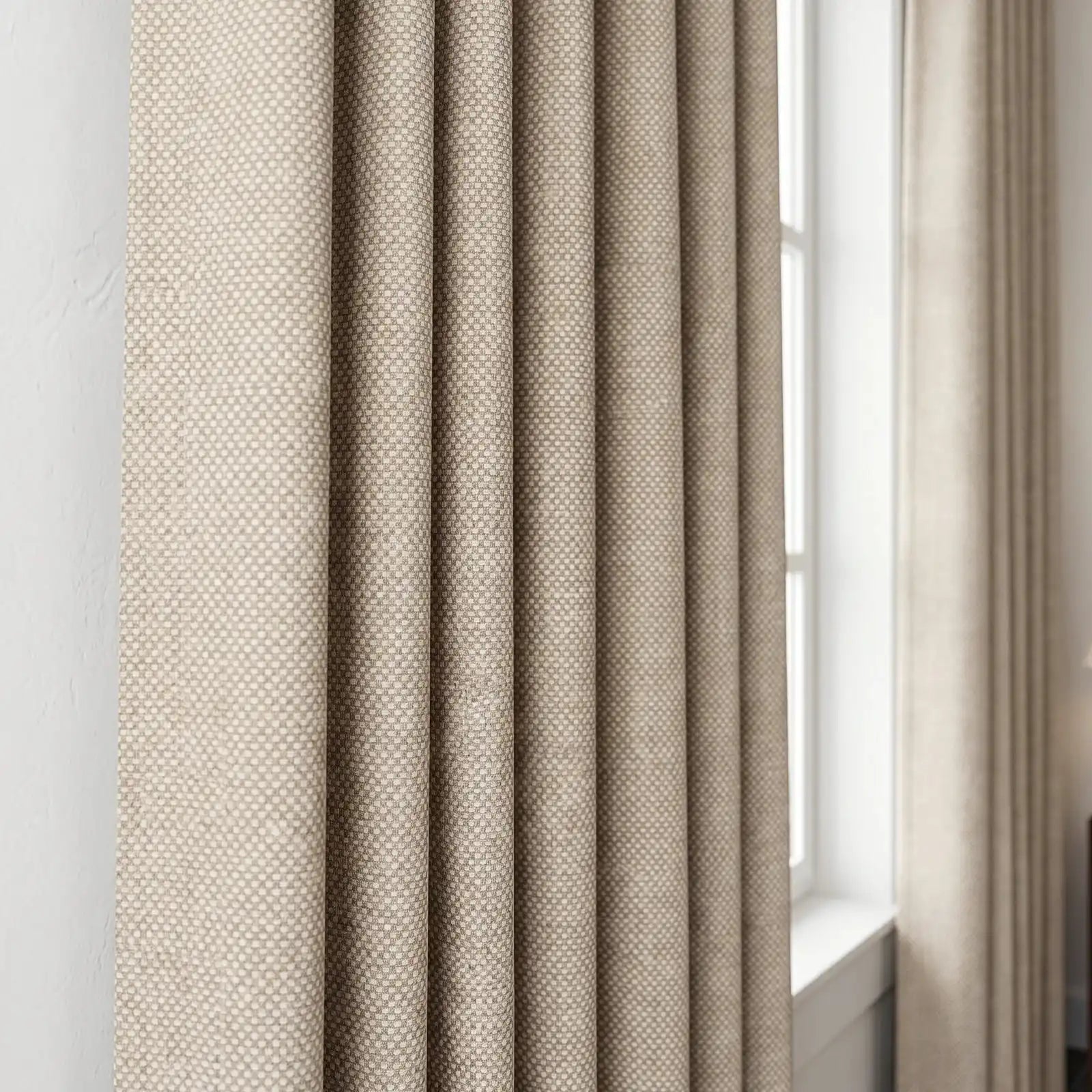 A close-up shot focusing on a light yellow-tan curtain panel hanging in crisp, neat vertical pleats. The fabric's subtle textured pattern is highlighted against a bright white window frame in the background.