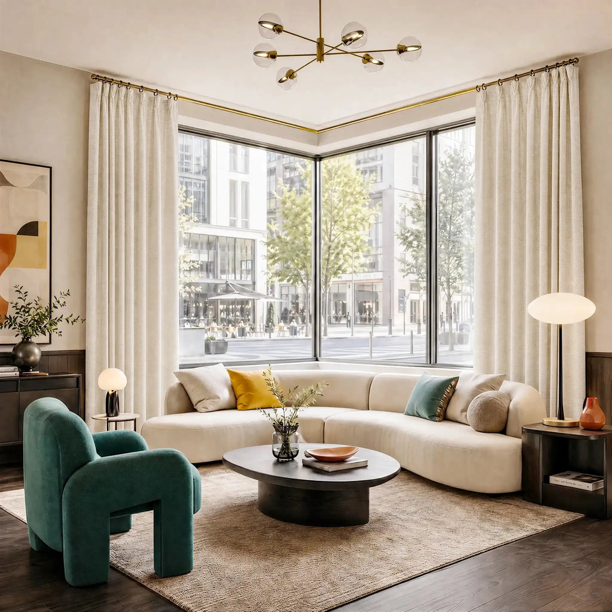 A wide-angle shot of a luxurious, contemporary living room with a large corner window overlooking a city street. The windows are framed by elegant off-white curtains, featuring a curved cream sofa and a teal accent chair under a modern gold chandelier.
