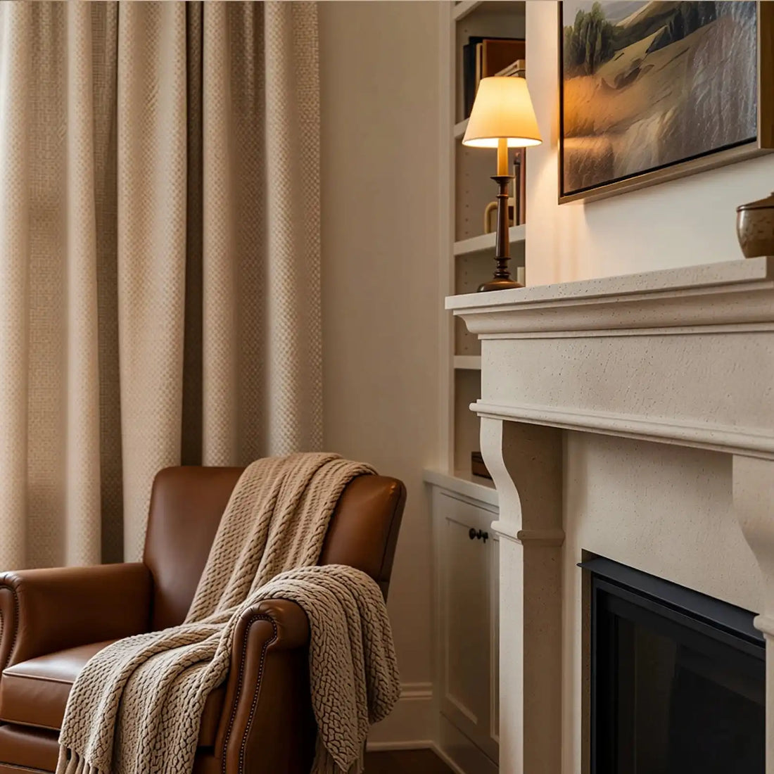 A cozy living room corner featuring a classic cream-colored fireplace mantel on the right with a small illuminated lamp. To the left, a textured tan-yellow curtain hangs beside a brown leather armchair draped with a thick, chunky knit beige blanket.