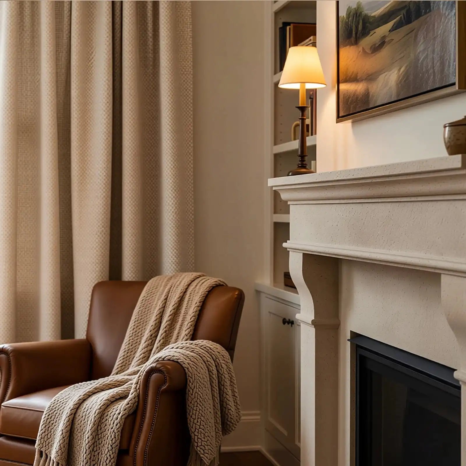 A cozy living room corner featuring a classic cream-colored fireplace mantel on the right with a small illuminated lamp. To the left, a textured tan-yellow curtain hangs beside a brown leather armchair draped with a thick, chunky knit beige blanket.