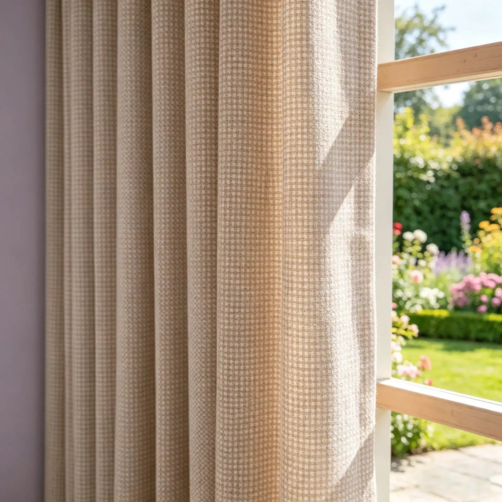 A close-up shot of a pleated mustard-yellow curtain panel hanging next to a wooden-framed window. Outside the window, a bright, sunny garden filled with colorful blooming flowers and green bushes is visible.