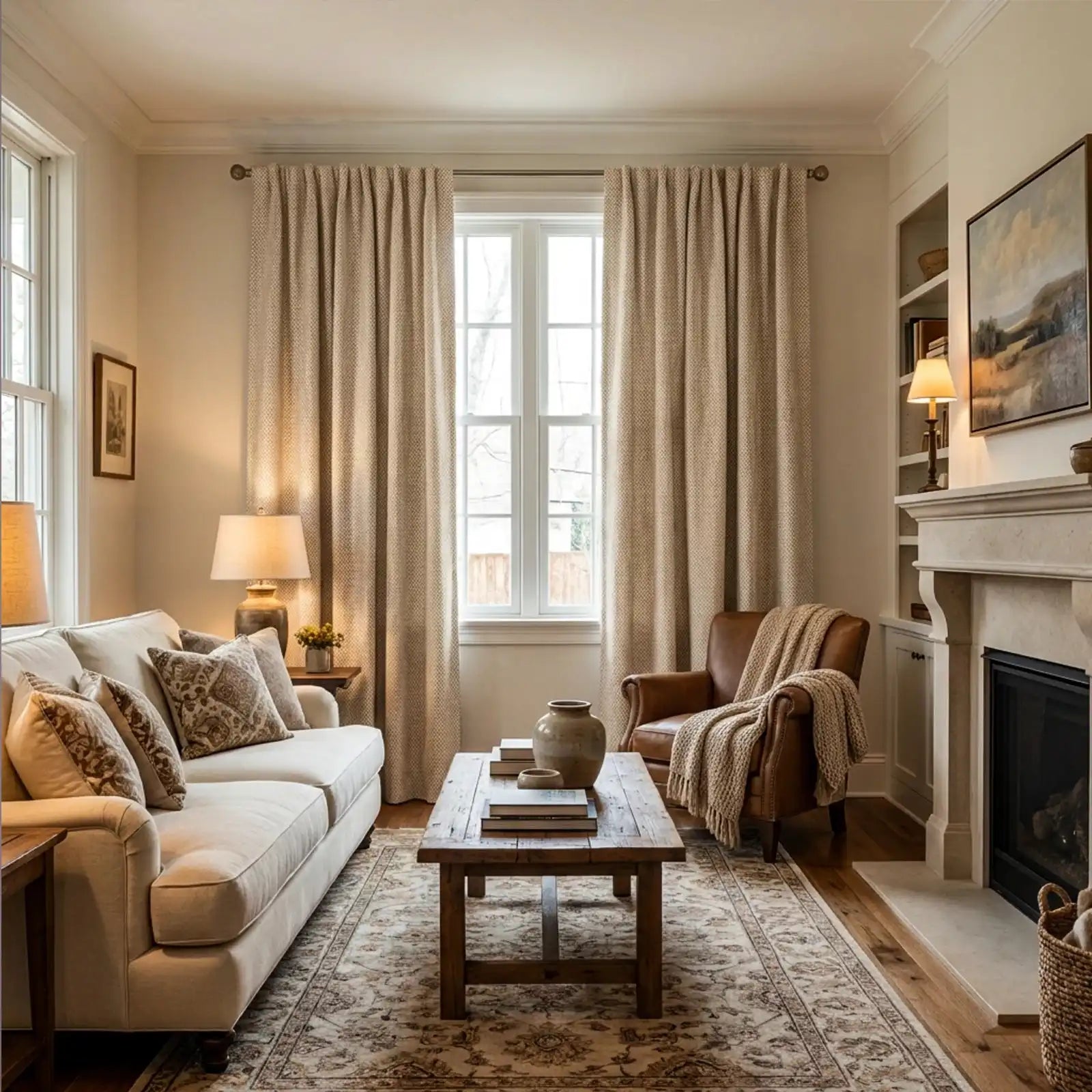 A balanced, wide-angle shot of an elegant living room. A cream sofa with decorative pillows sits on a patterned area rug opposite a light-colored fireplace. Two long, textured mustard-yellow curtain panels frame a central window, creating a warm, inviting ambiance.