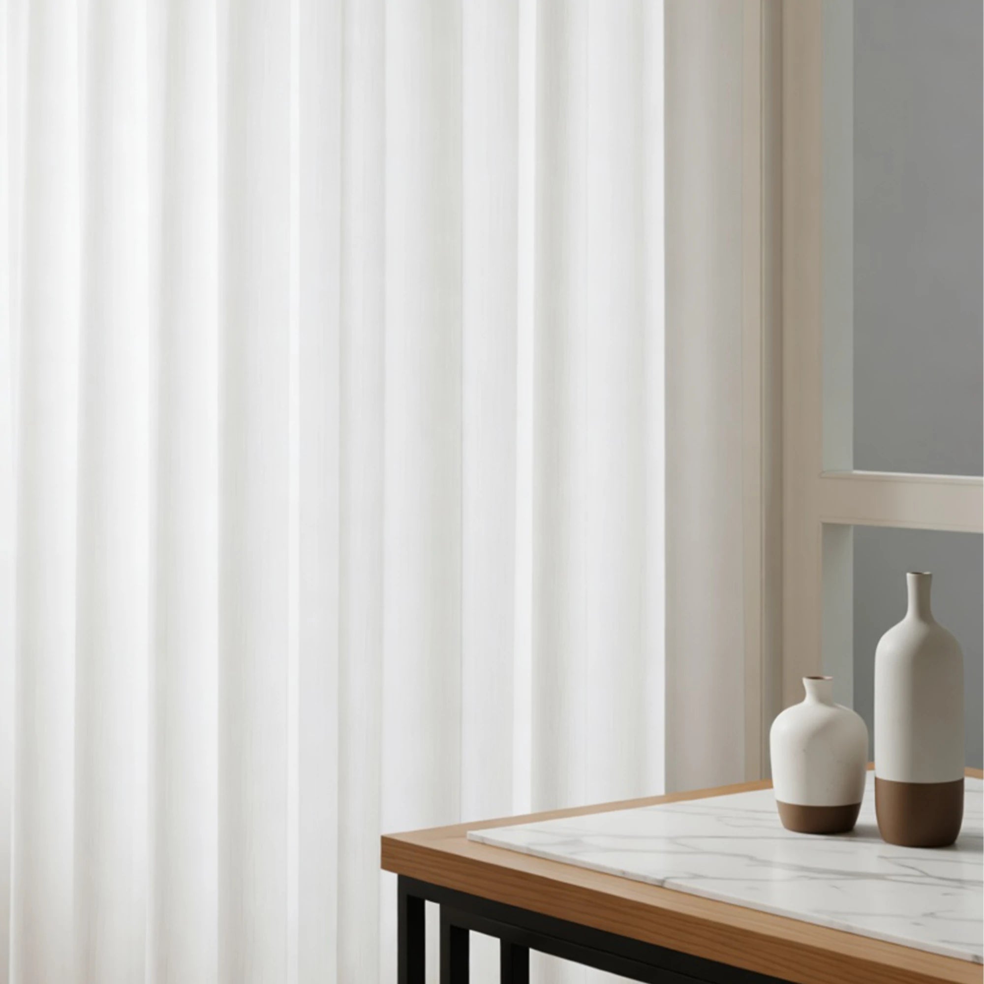 Contemporary home interior styling with vertical waves of White Sarah Semi Sheer Curtains and modern vases