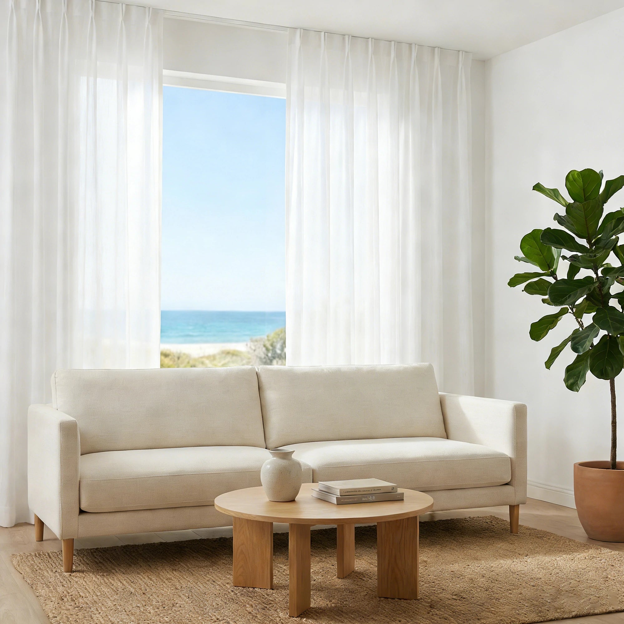 Bright minimalist lounge featuring floor to ceiling White Sarah Semi Sheer Curtains next to a fiddle leaf fig