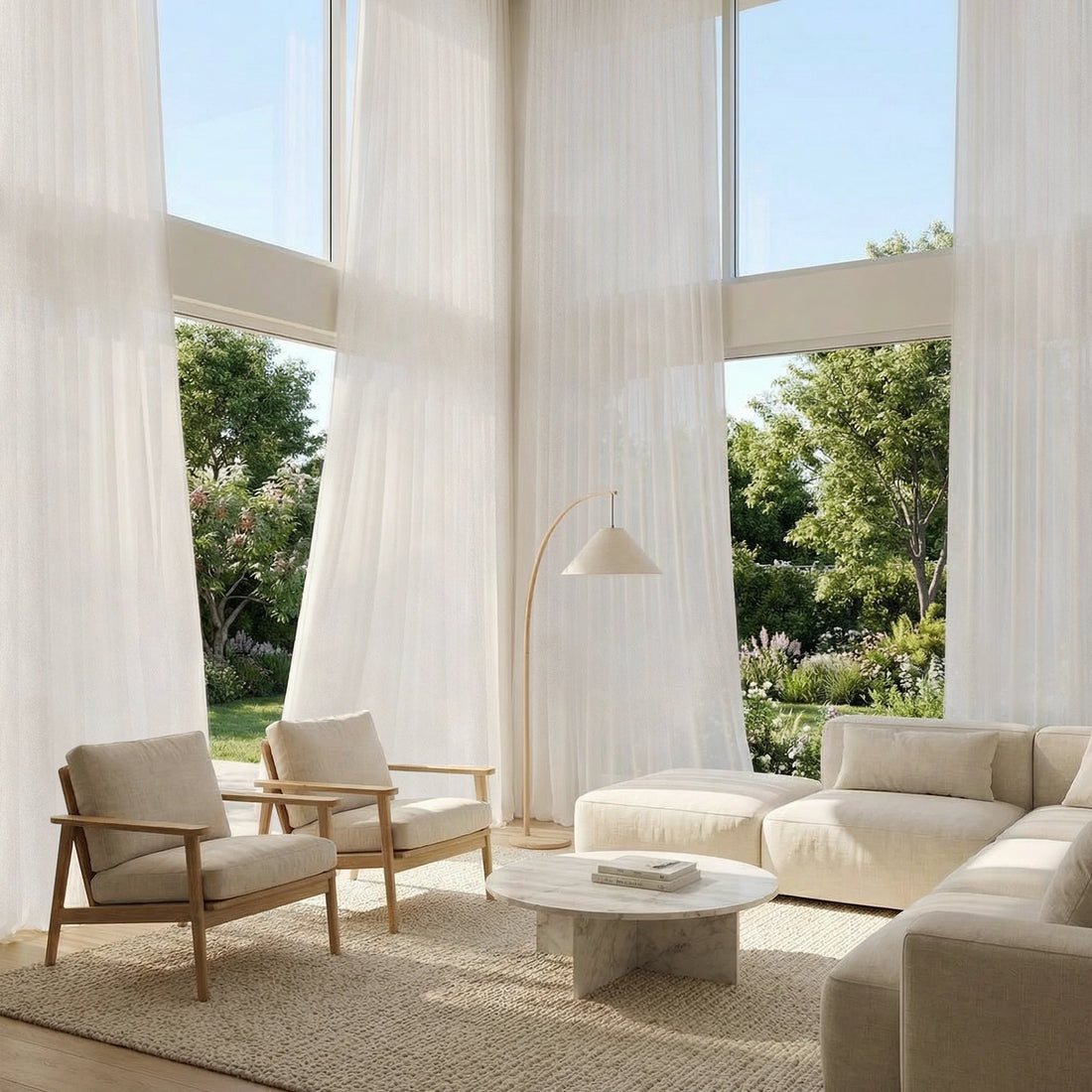 Luxury floor to ceiling Beige Sarah Semi Sheer Curtains in a bright mid century modern living room