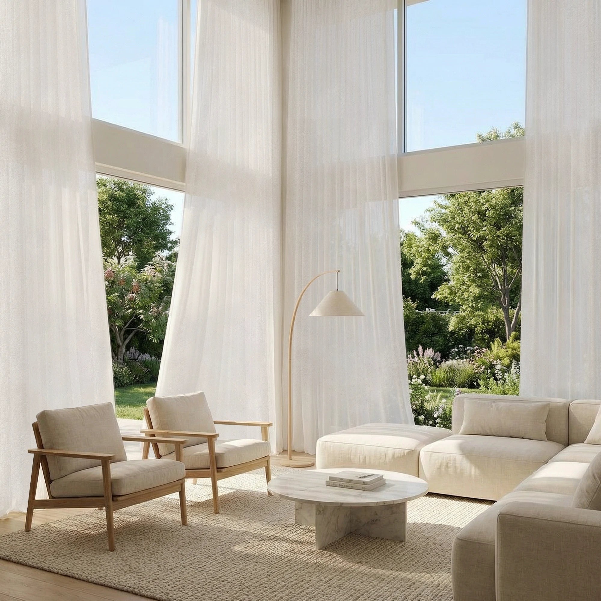 Luxury floor to ceiling Beige Sarah Semi Sheer Curtains in a bright mid century modern living room