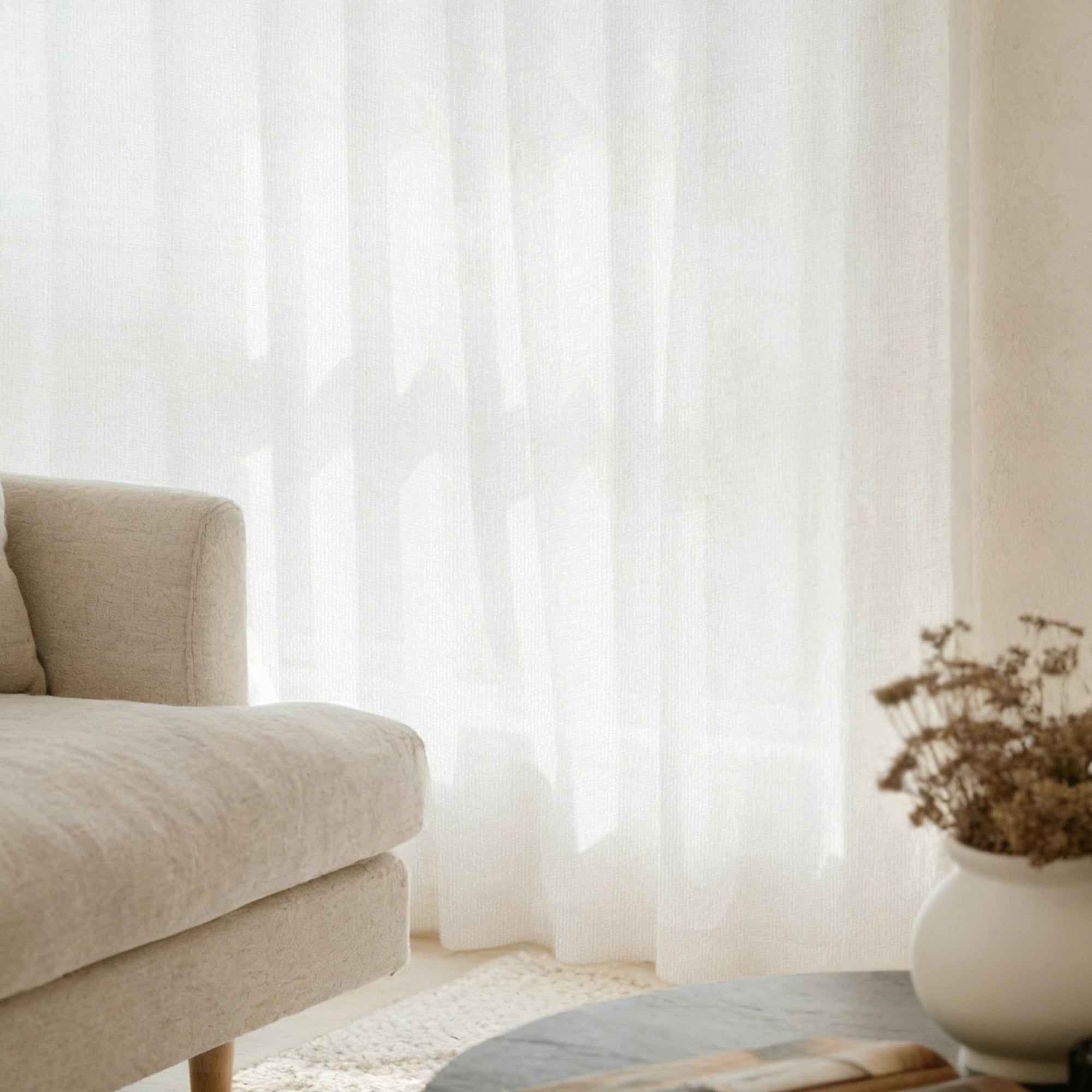 Sheer window treatments featuring Beige Sarah Semi Sheer Curtains for a sophisticated minimalist interior
