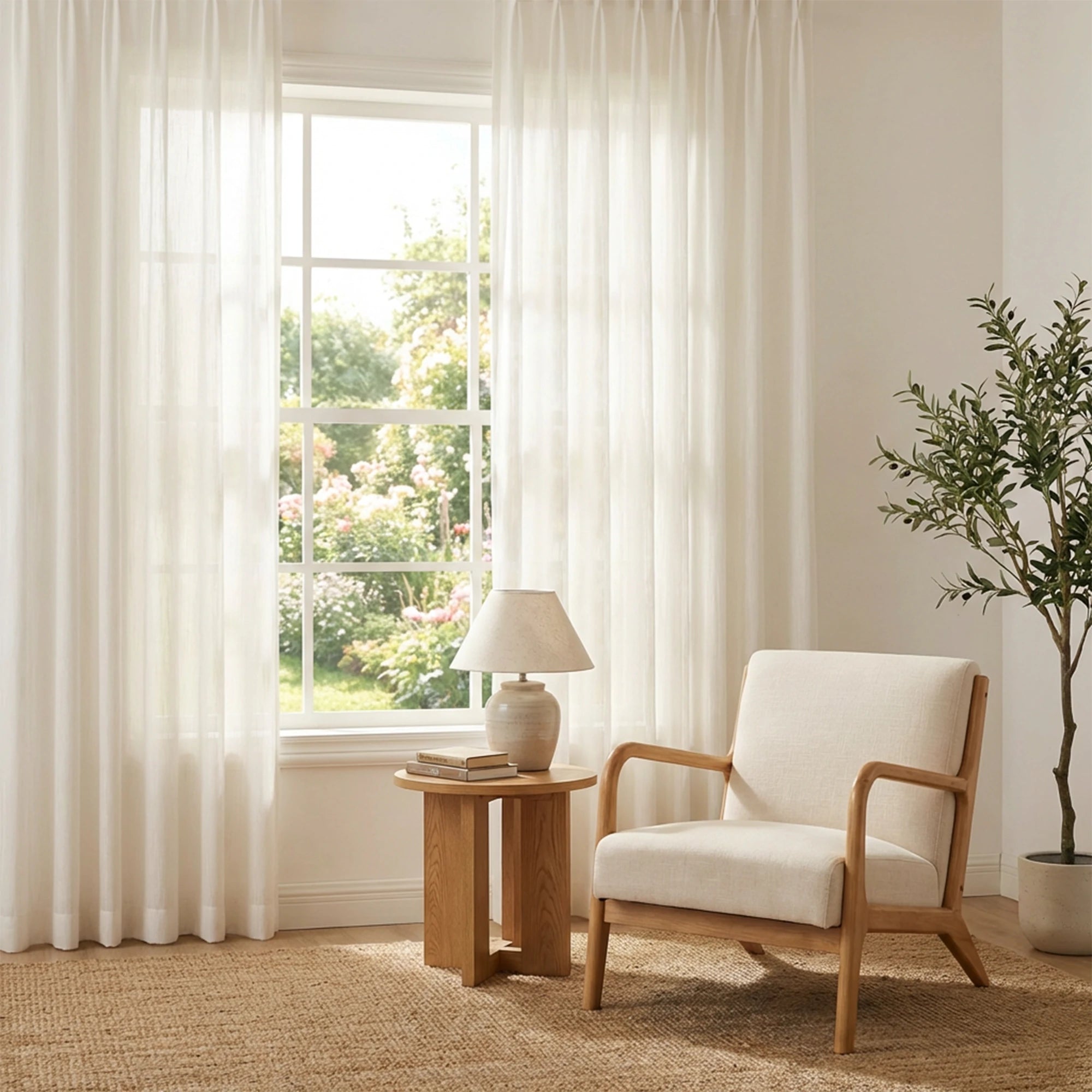 Cozy reading nook adorned with airy Beige Sarah Semi Sheer Curtains for daytime privacy and soft lighting