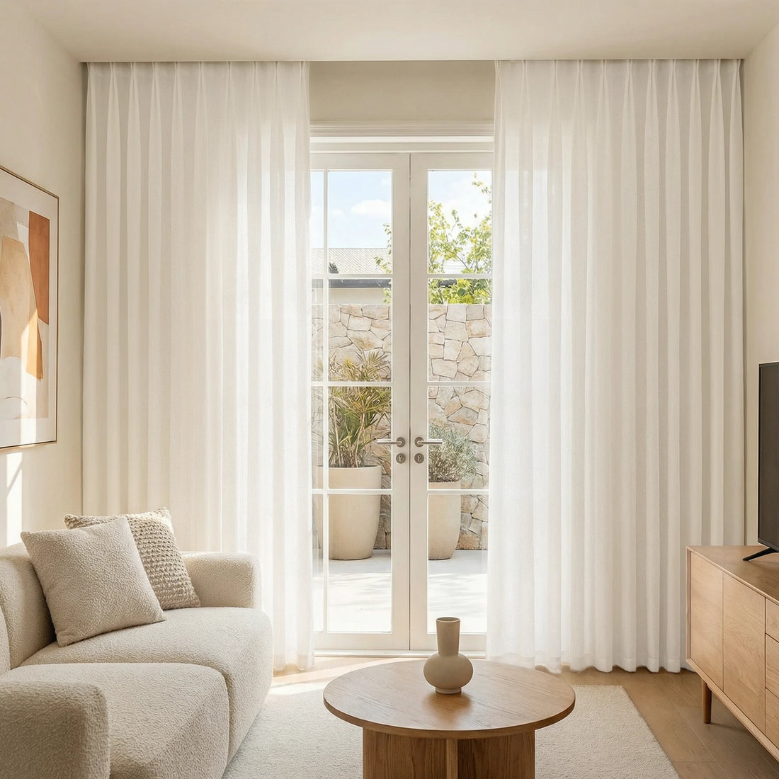 Elegant pinch pleat Beige Sarah Semi Sheer Curtains beautifully framing bright glass french doors