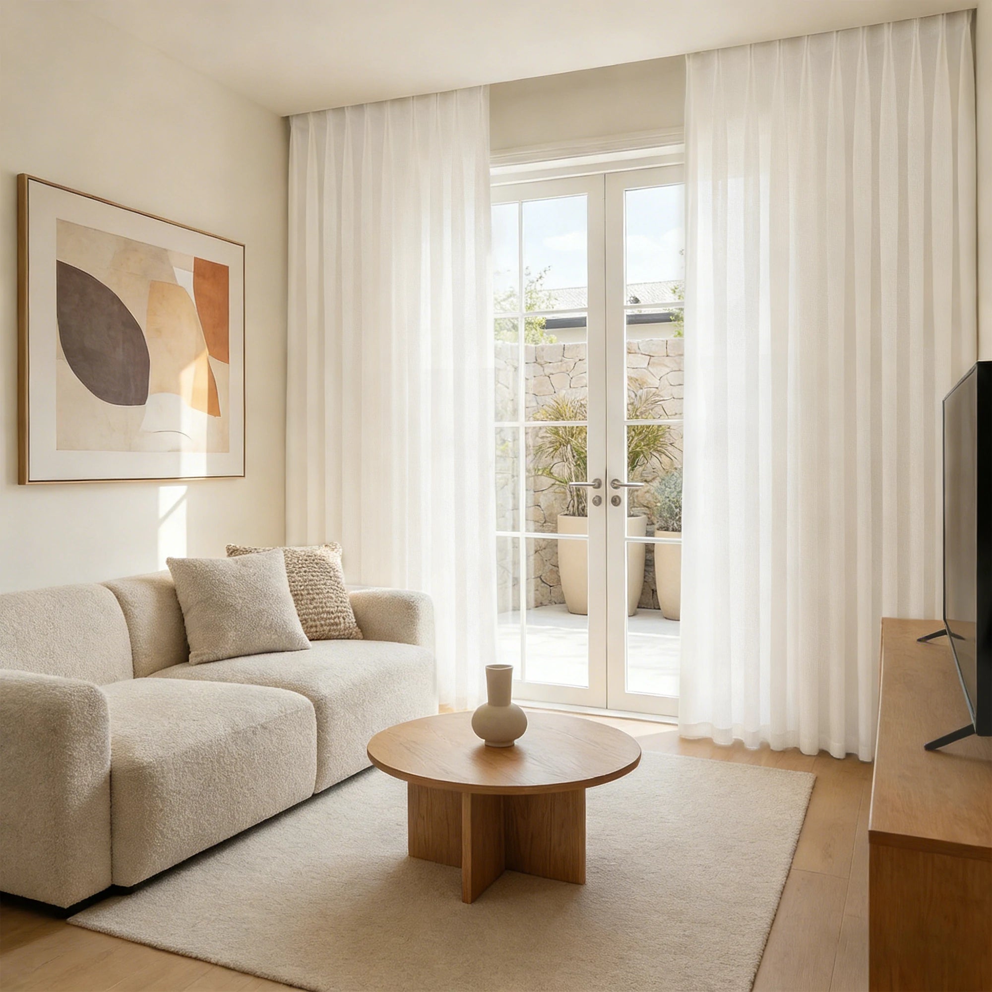 Warm neutral living room styled with wavy Beige Sarah Semi Sheer Curtains covering large patio doors