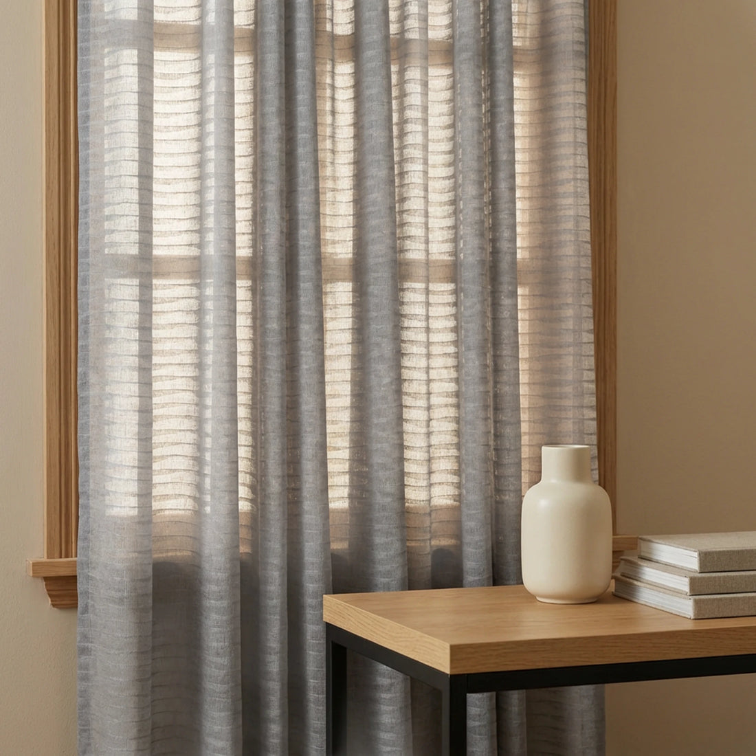 Soft textured Gray Sheila Cotton Semi Sheer Curtains against a wooden window frame in a cozy reading corner