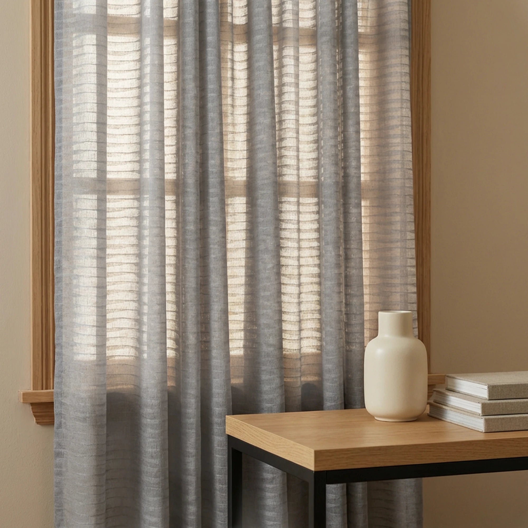Soft textured Gray Sheila Cotton Semi Sheer Curtains against a wooden window frame in a cozy reading corner