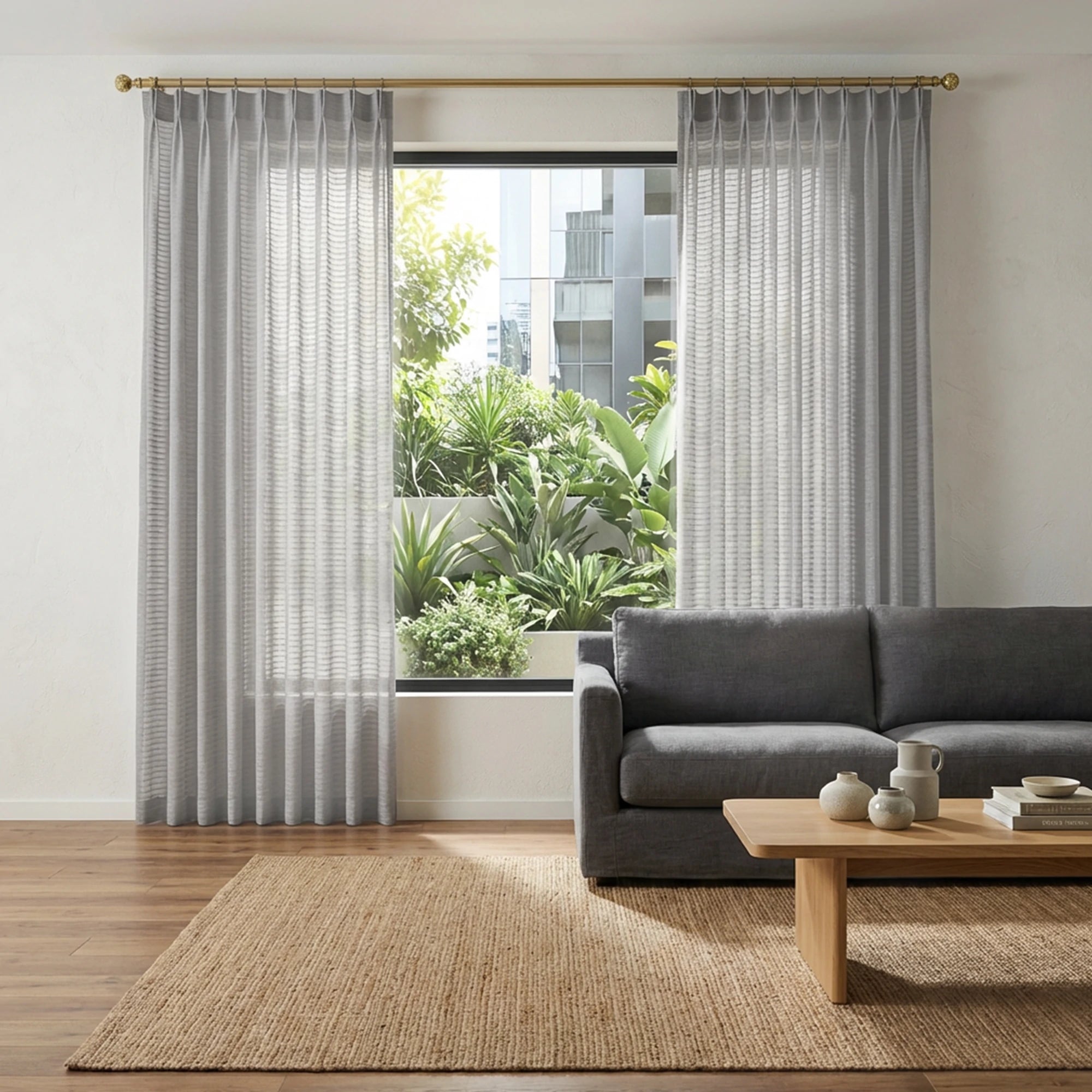 Minimalist living room featuring ripple fold Gray Sheila Cotton Semi Sheer Curtains styled with a dark gray sofa