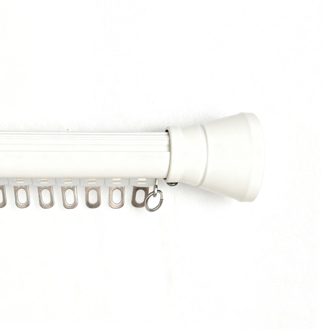Tagore white custom curtain rod with conical finials and flat track