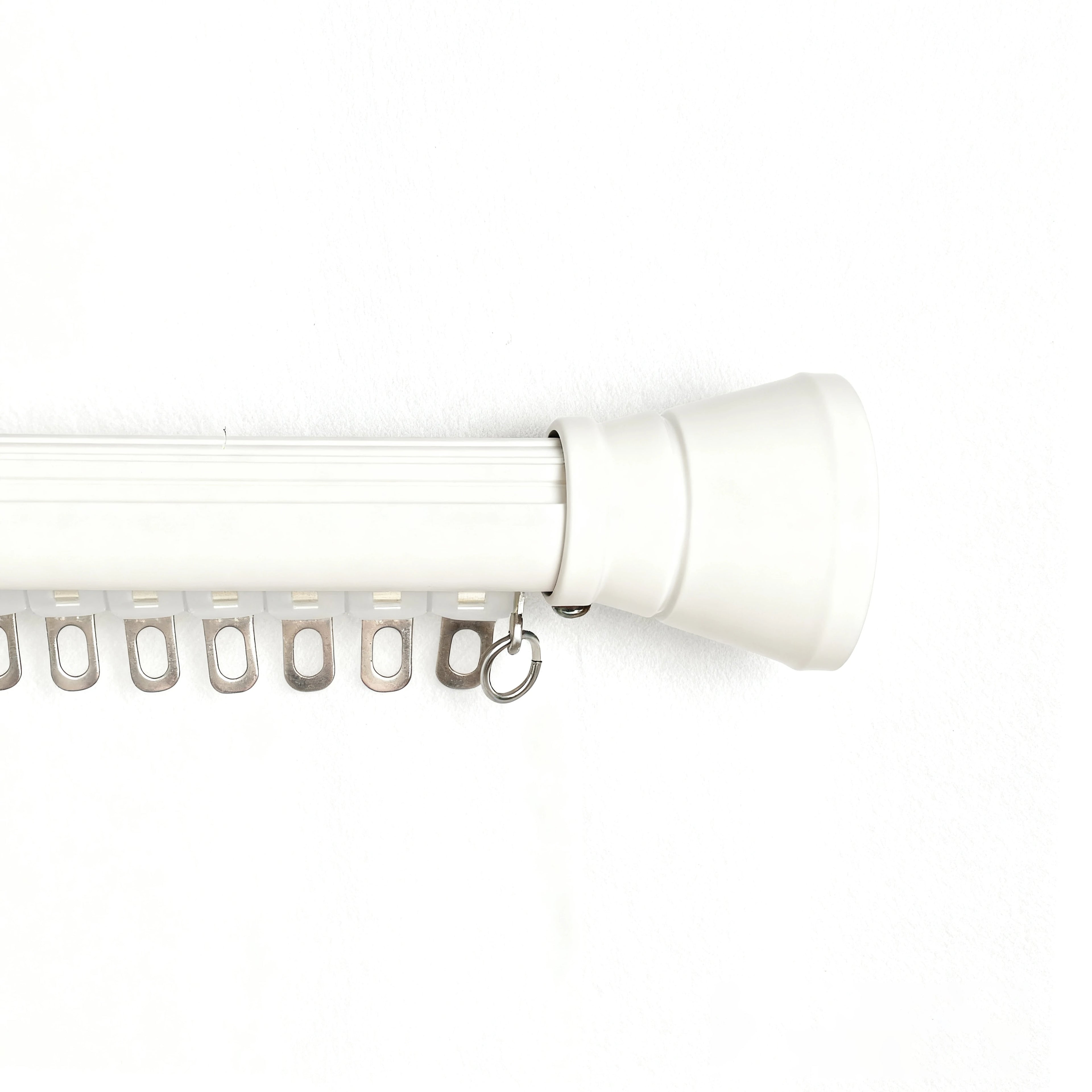 Tagore white custom curtain rod with conical finials and flat track