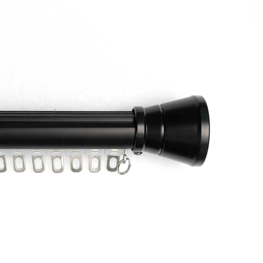 Tagore black custom curtain rod with conical finials and flat track