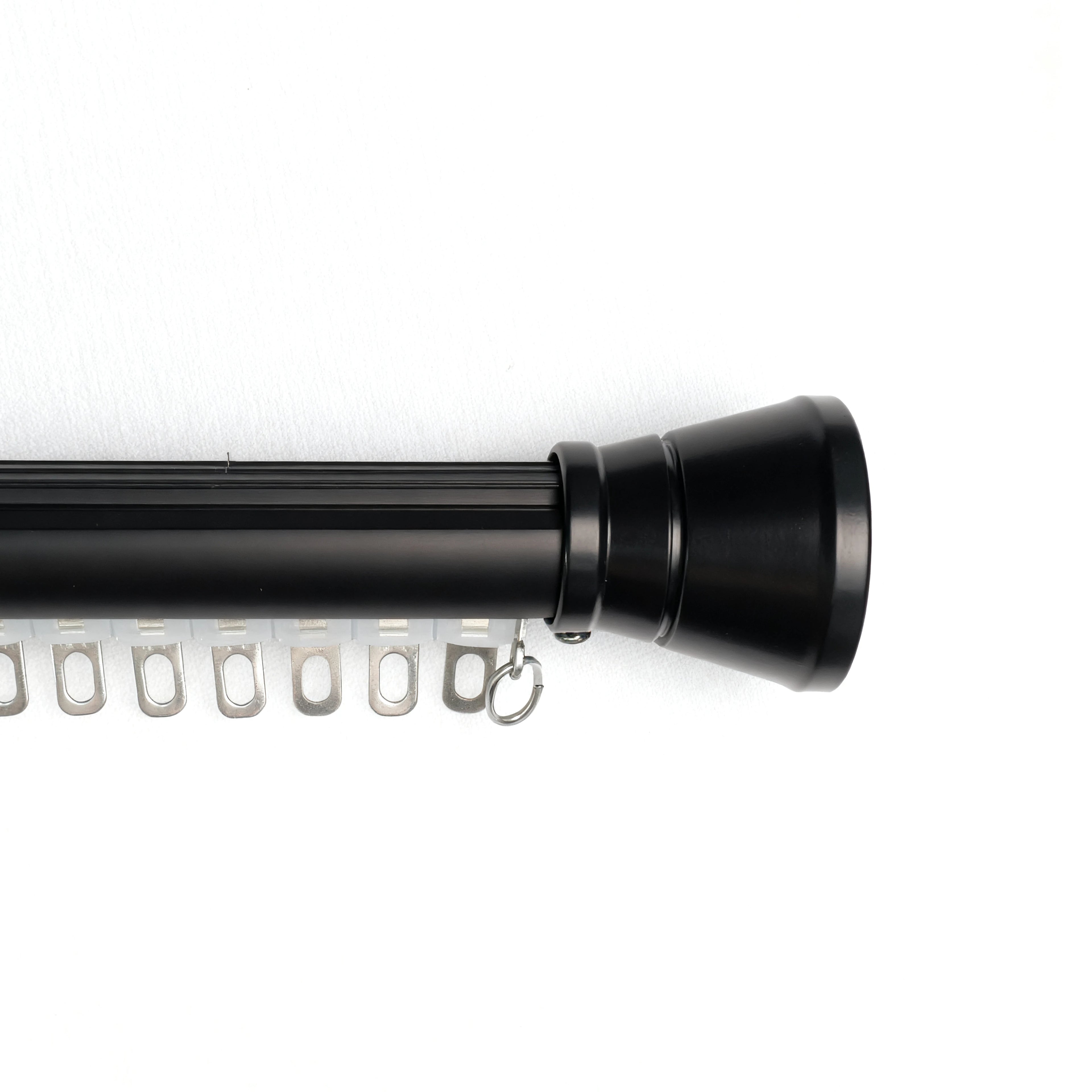 Tagore black custom curtain rod with conical finials and flat track