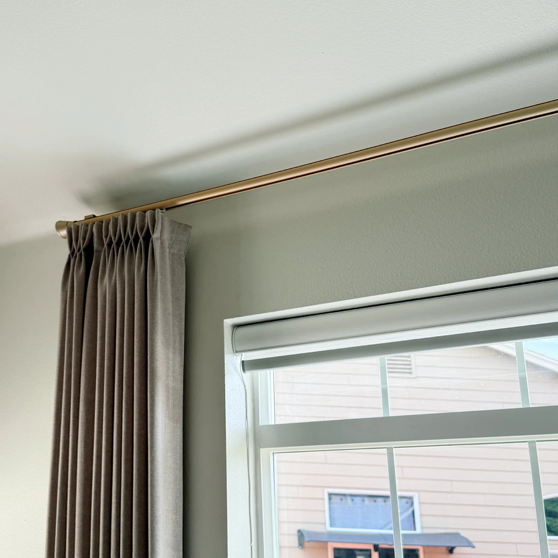 Brushed Gold Tagore Custom Traverse Rods detailing modern architectural drapery track system