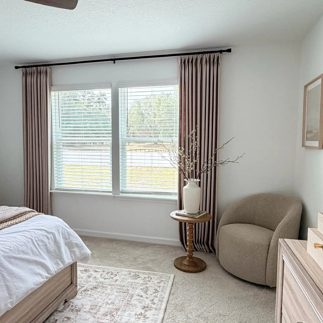 Cozy bedroom corner featuring tailored Light Brown John Linen Texture Cotton Curtains and a modern swivel chair