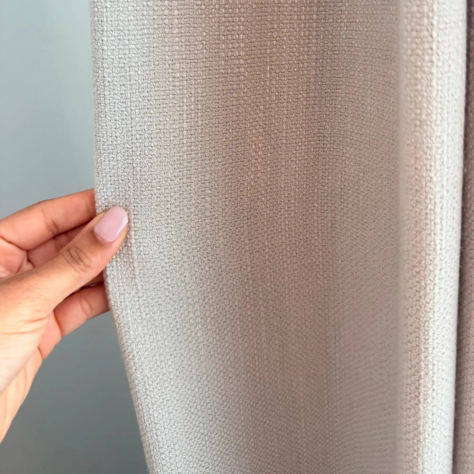 Close up of the heavy weight textured slub fabric on Light Brown John Linen Texture Cotton Curtains