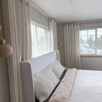 Multi window curtain layout featuring Plaid White Jasper Dotted Linen Blend Curtains in a bright modern bedroom