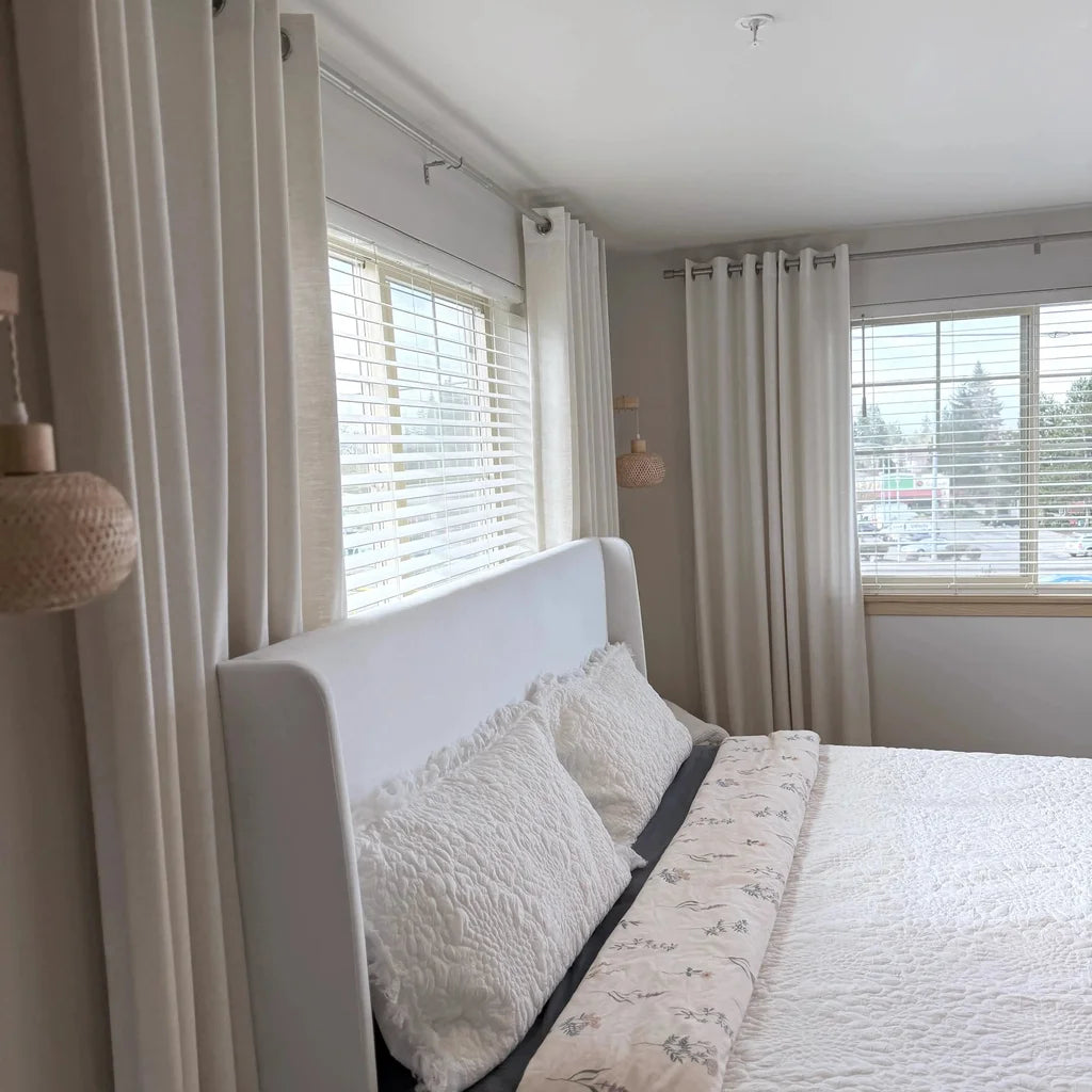 Multi window curtain layout featuring Plaid White Jasper Dotted Linen Blend Curtains in a bright modern bedroom