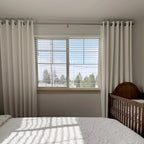 Grommet top Plaid White Jasper Dotted Linen Blend Curtains on bedroom window, cozy nursery room setup