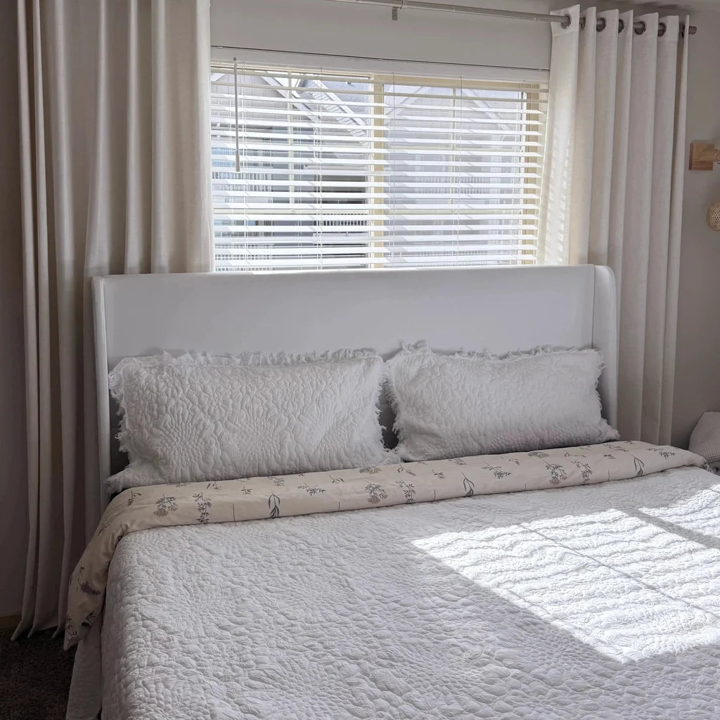 Plaid White Jasper Dotted Linen Blend Curtains layered with window blinds, white bed headboard bedroom decor