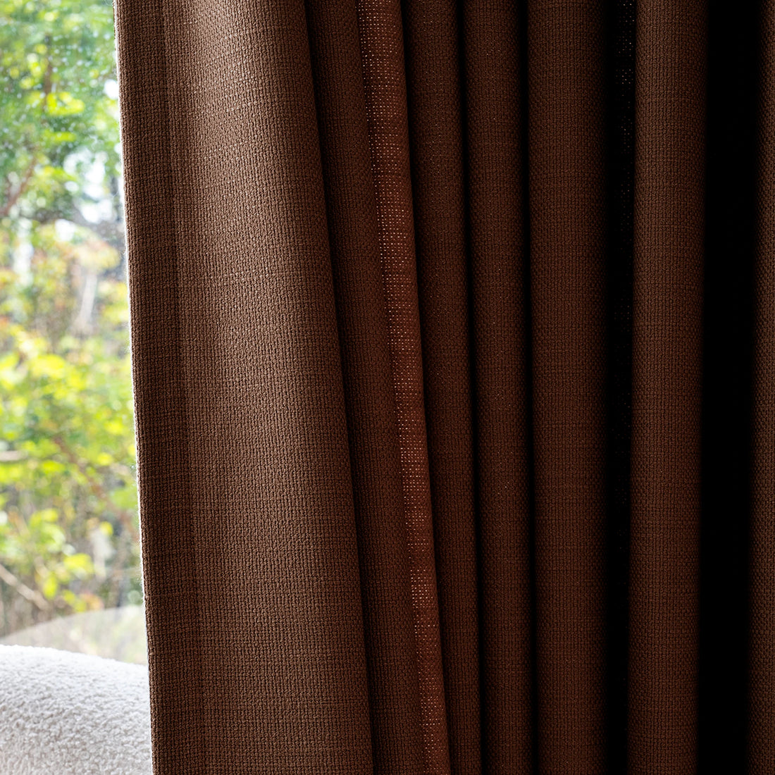 Detailed textile structure and premium tailored edge of Reddish Brown John Linen Texture Cotton Curtains up close