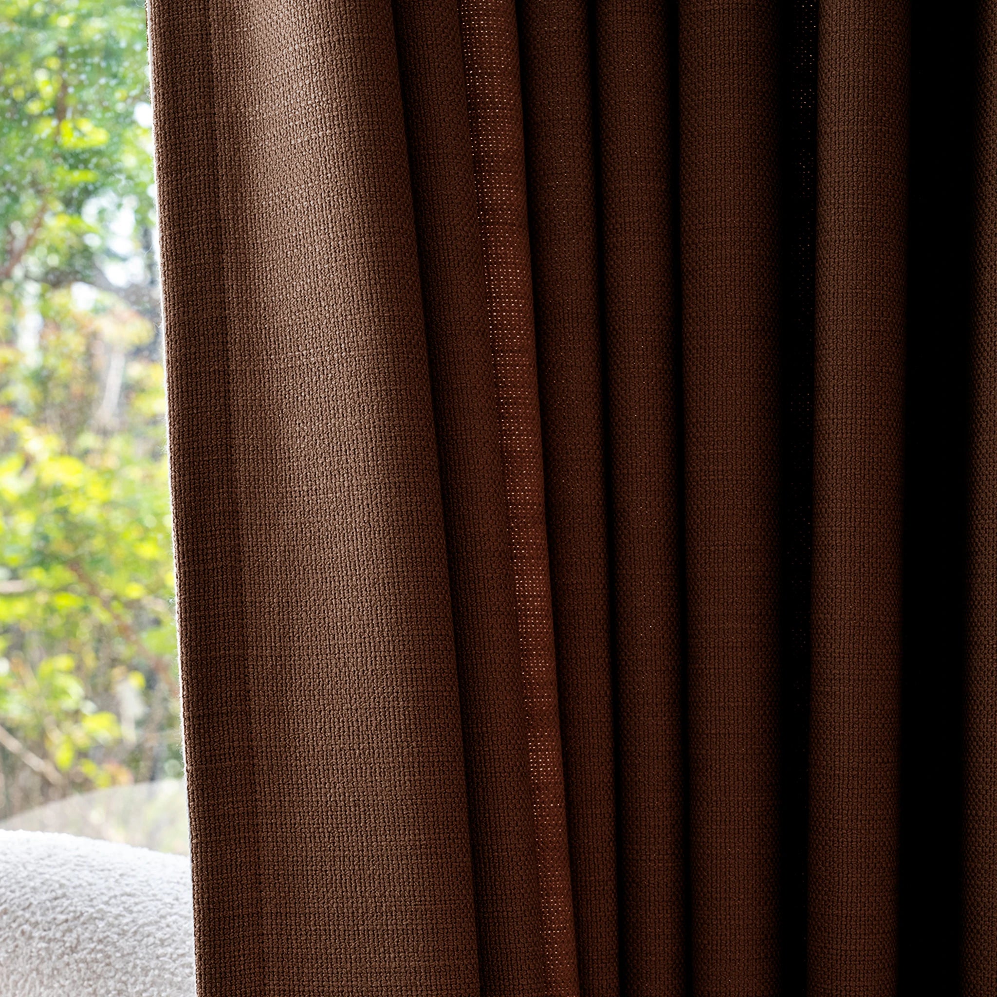 Detailed textile structure and premium tailored edge of Reddish Brown John Linen Texture Cotton Curtains up close