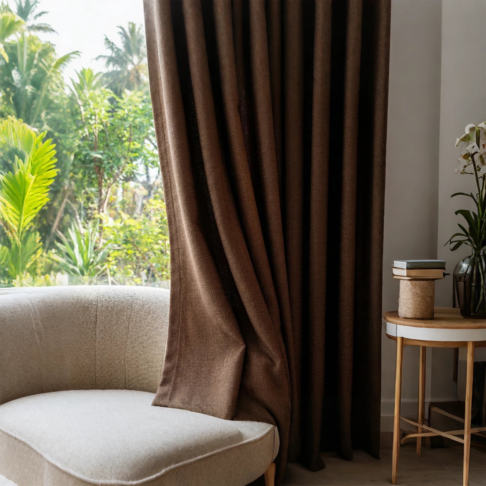 Modern side table decoration framed by the heavy weight drapery texture of Reddish Brown John Linen Texture Cotton Curtains
