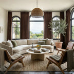 Reddish Brown John Linen Texture Cotton Curtains dressing multiple grid windows in a cozy transitional living room