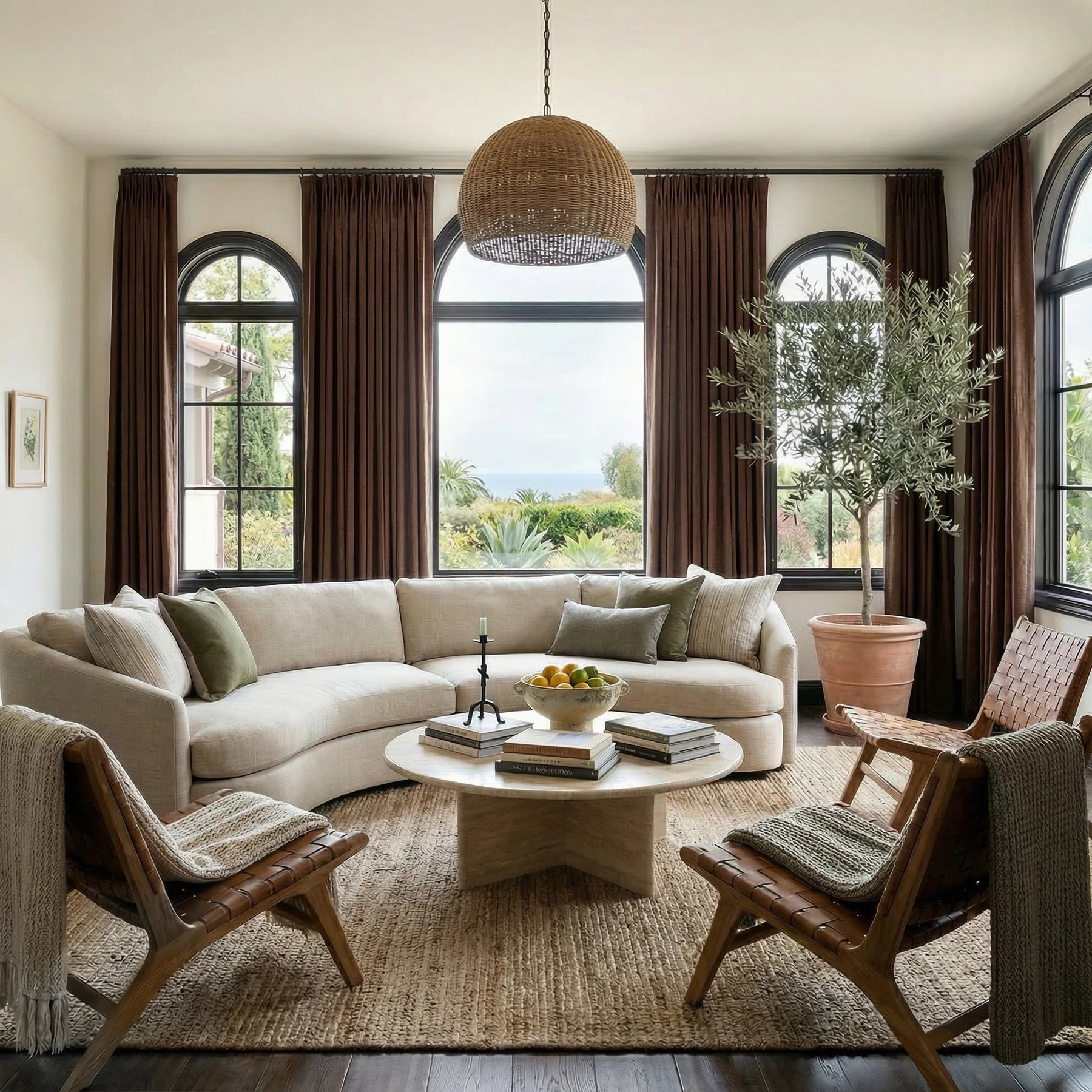 Reddish Brown John Linen Texture Cotton Curtains dressing multiple grid windows in a cozy transitional living room